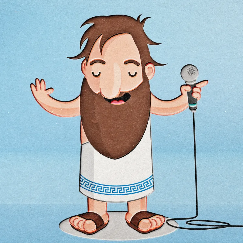 Pythagoras singing into a microphone