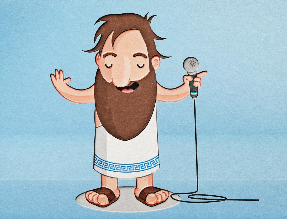 Pythagoras singing into a microphone