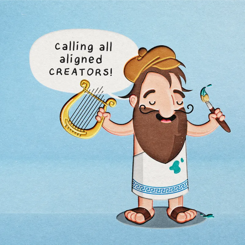 Cartoon of Pythagoras as an artist wearing a beret and holding a lyre and paintbrush, with a speech bubble reading “calling all aligned CREATORS!”