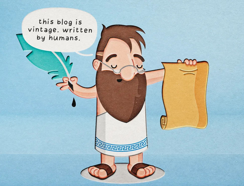 Cartoon of Pythagoras as a writer holding a quill pen and a scroll, with a speech bubble reading “this blog is vintage. written by humans.”