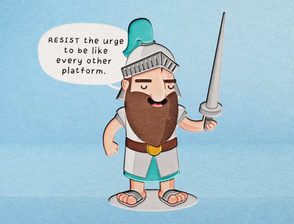 Cartoon of Pythagoras as an armored warrior in a helmet holding a sword, with a speech bubble reading “RESIST the urge to be like every other platform.”