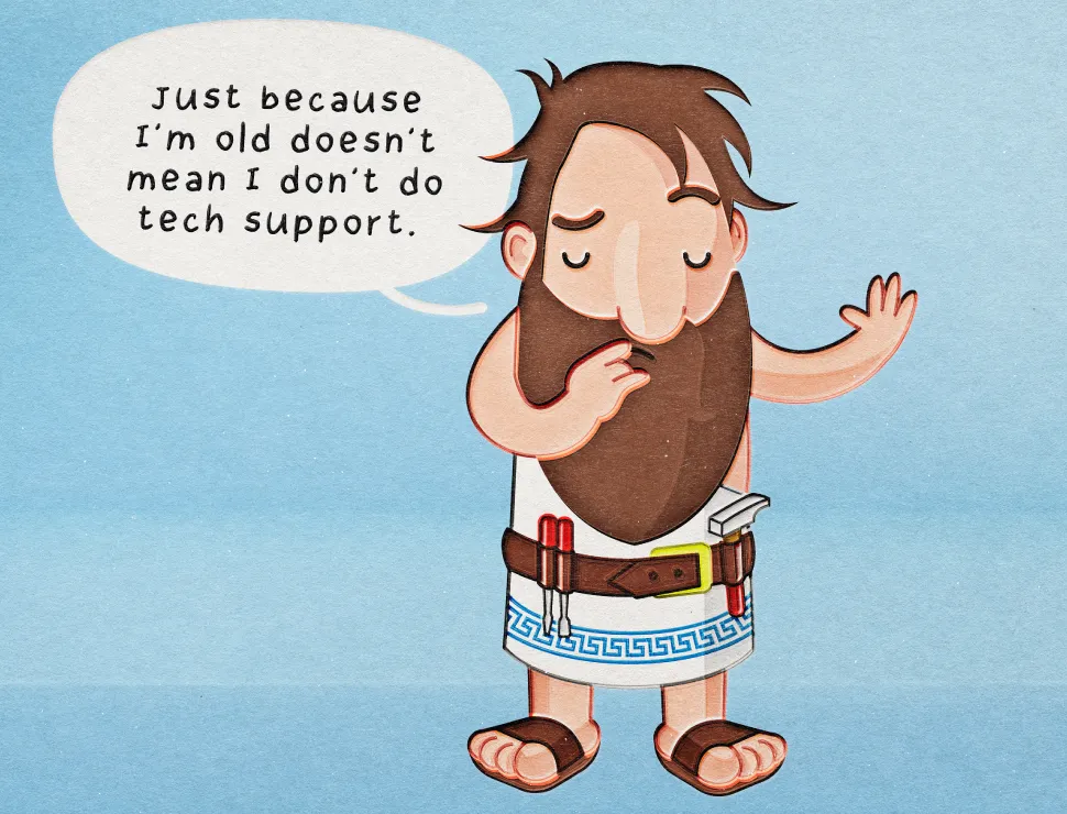 Cartoon of Pythagoras wearing a tool belt, with a speech bubble reading “Just because I’m old doesn’t mean I don’t do tech support.”
