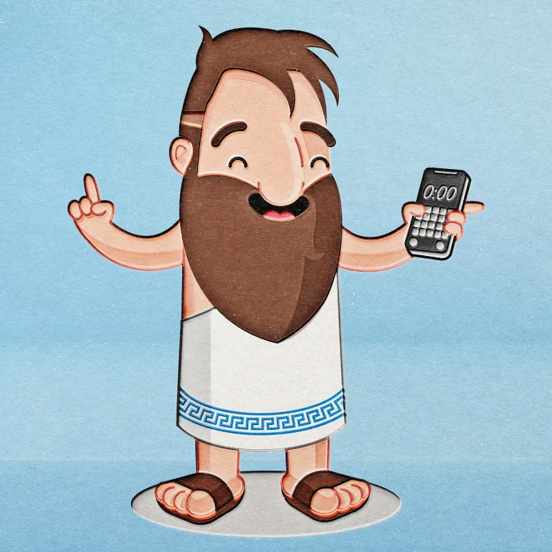 Pythagoras holding up a smartphone running the Teledipity app