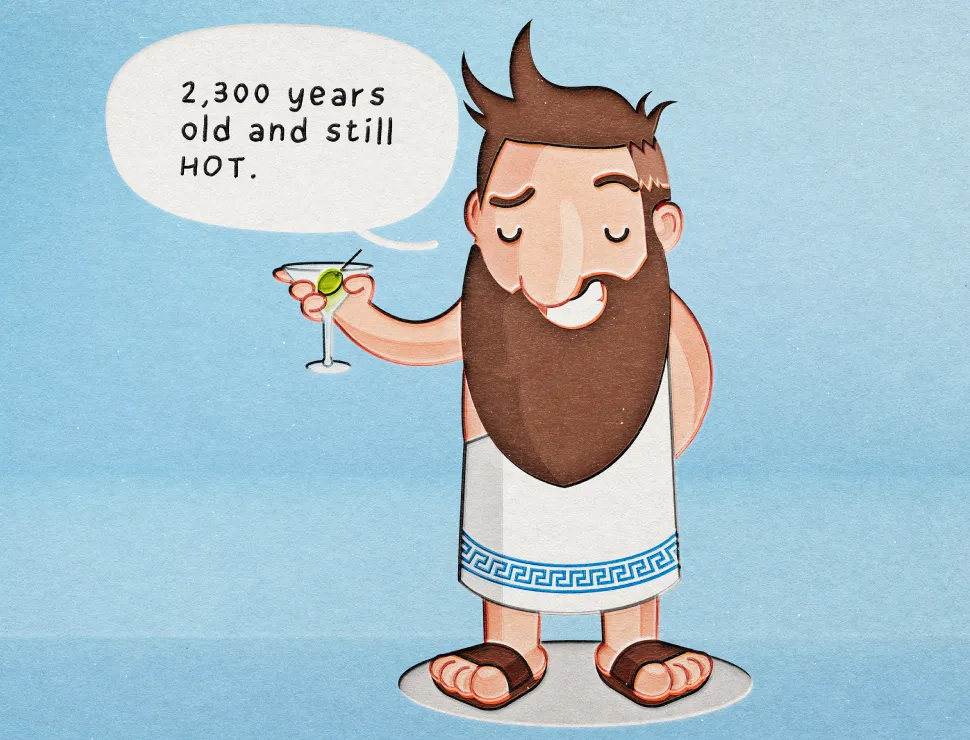 Cartoon of Pythagoras in a white toga holding a martini, with a speech bubble reading “2,300 years old and still hot.”